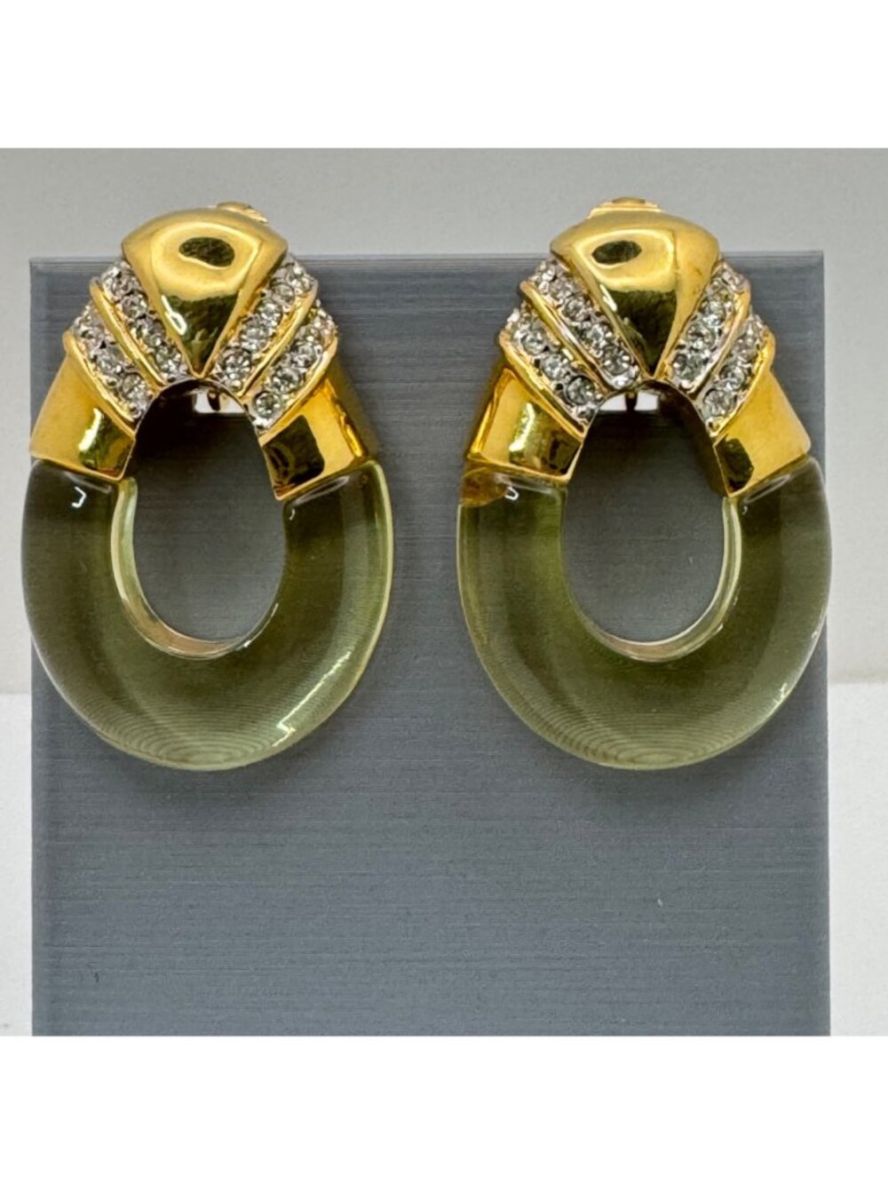 Kenneth Jay Lane Lucite Gold-Tone Hoop Earrings Rhinestone Detailing 2" Vintage